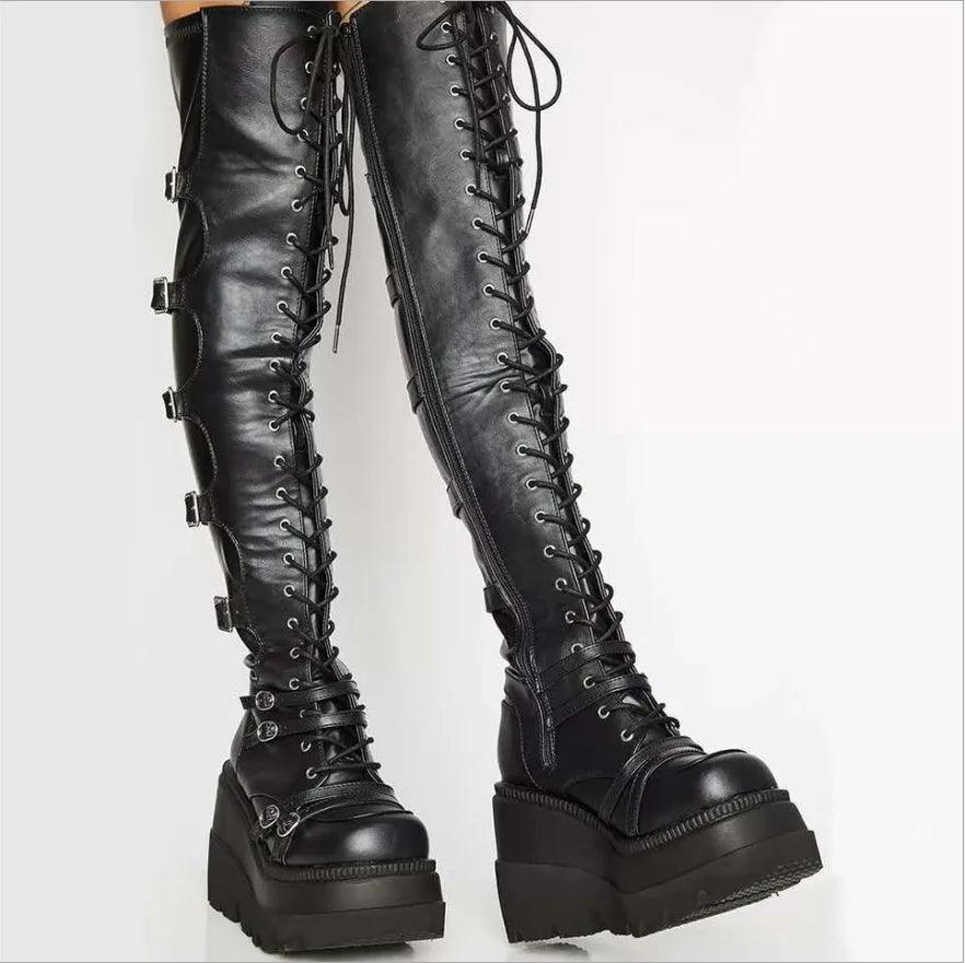 Gothic Thigh High Boots Women Platform Wedges Long Motorcycle Boot Over The Knee Army Stripper Heels Punk Rock Lace-up Belt Buckle - Lizard Vigilante