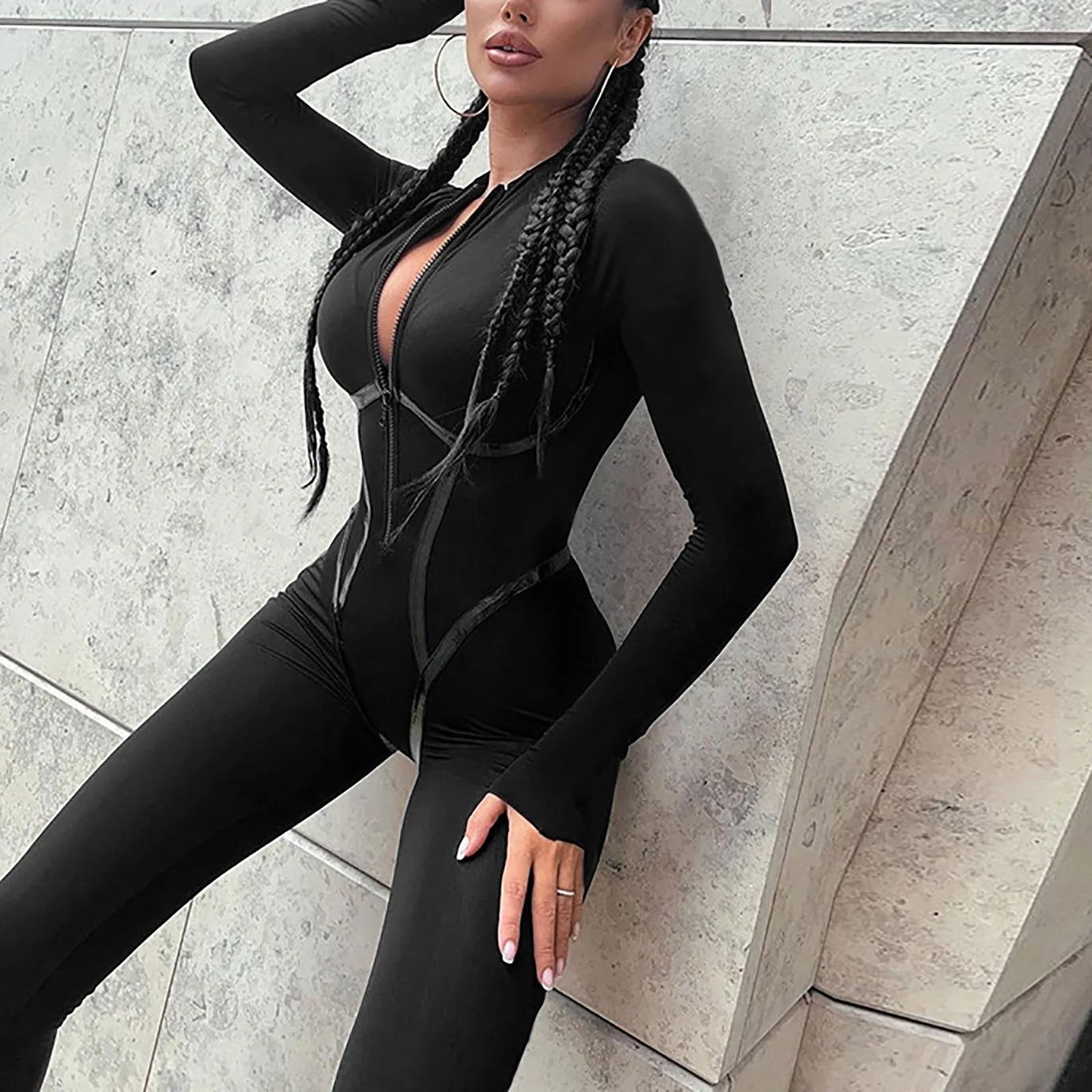 Skinny Black Jumpsuit for Women – Sexy Zip Up Bodycon Overalls for Casual Streetwear - Premium jumpsuit from Lizard Vigilante - Just $28.88! Shop now at Lizard Vigilante