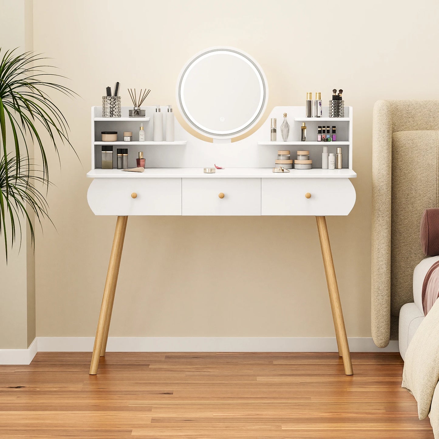 Makeup Vanity Desk with LED Lighted Mirror, Vanity Table with 4 Drawers and Opening Shelves, Bedroom Dressing Table - Premium  from Lizard Vigilante - Just $140.99! Shop now at Lizard Vigilante