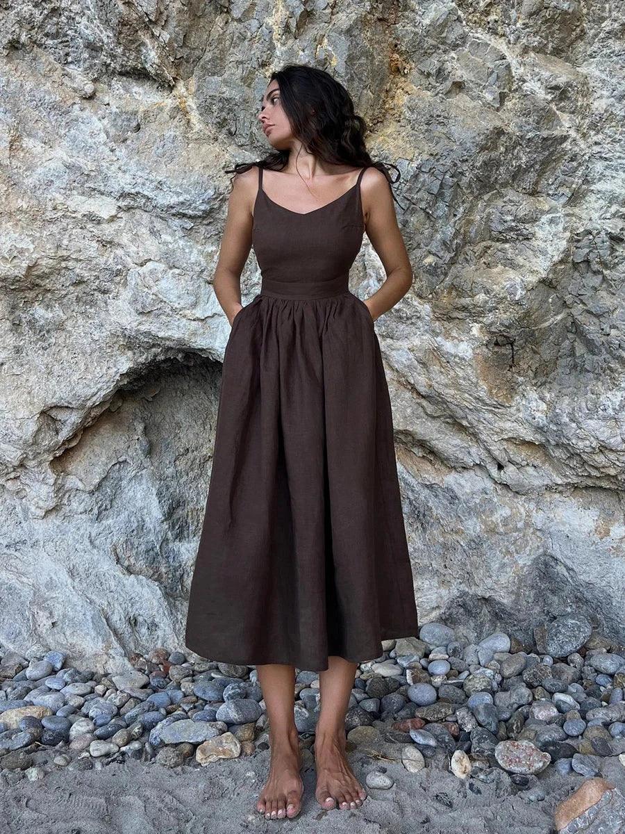 Spring Summer Beach Style Women Dress Vintage Loose A-line Sling Dress Hot Girl 100% Cotton V-neck Dress - Lizard Vigilante