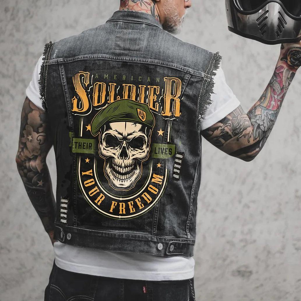 Fire Street Heavy Metal Punk Style Playing Card Ace of Spades Printing Sleeveless Vest Denim Jacket - Lizard Vigilante