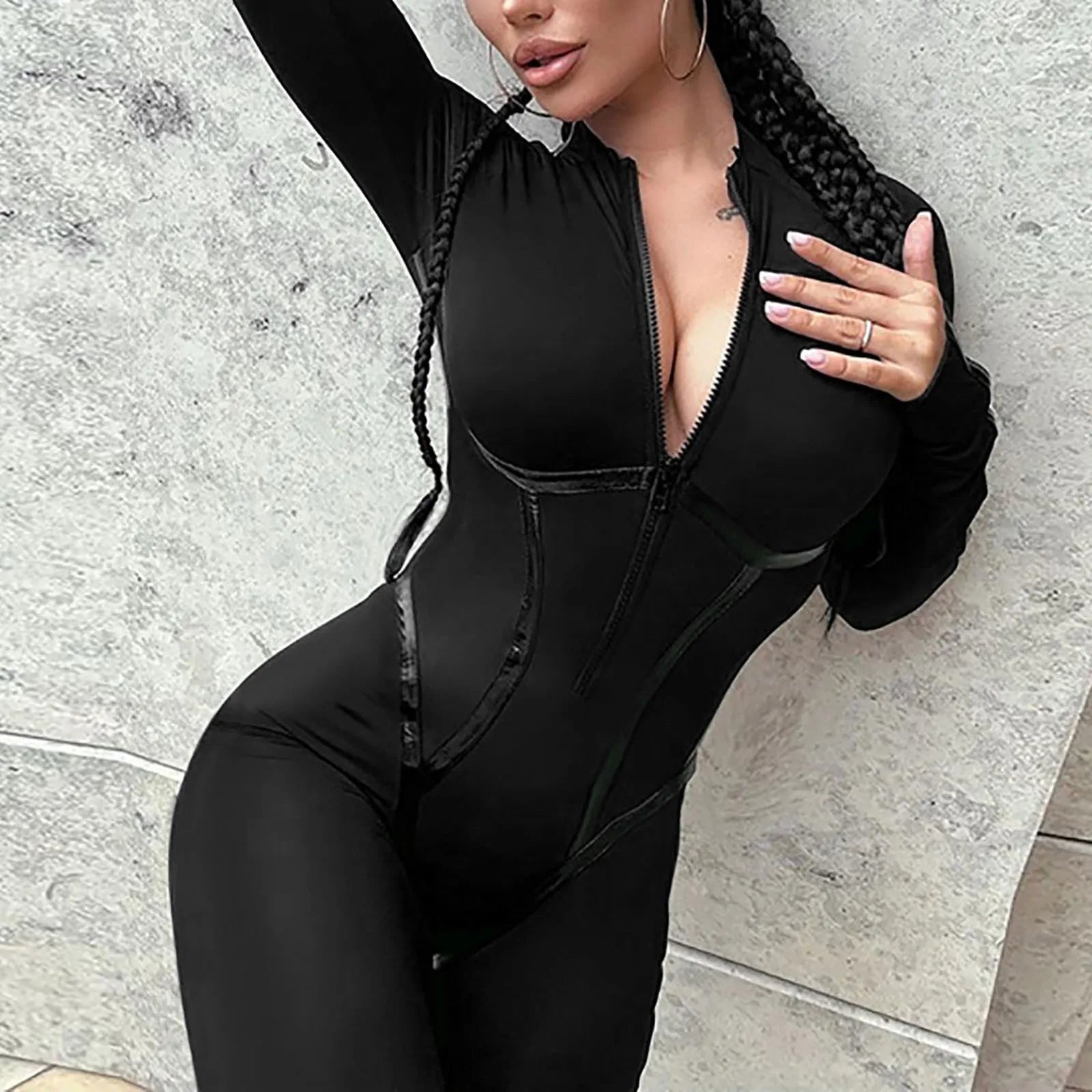 Skinny Black Jumpsuit for Women – Sexy Zip Up Bodycon Overalls for Casual Streetwear - Premium jumpsuit from Lizard Vigilante - Just $28.88! Shop now at Lizard Vigilante