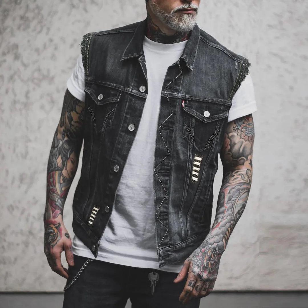 Fire Street Heavy Metal Punk Style Playing Card Ace of Spades Printing Sleeveless Vest Denim Jacket - Lizard Vigilante