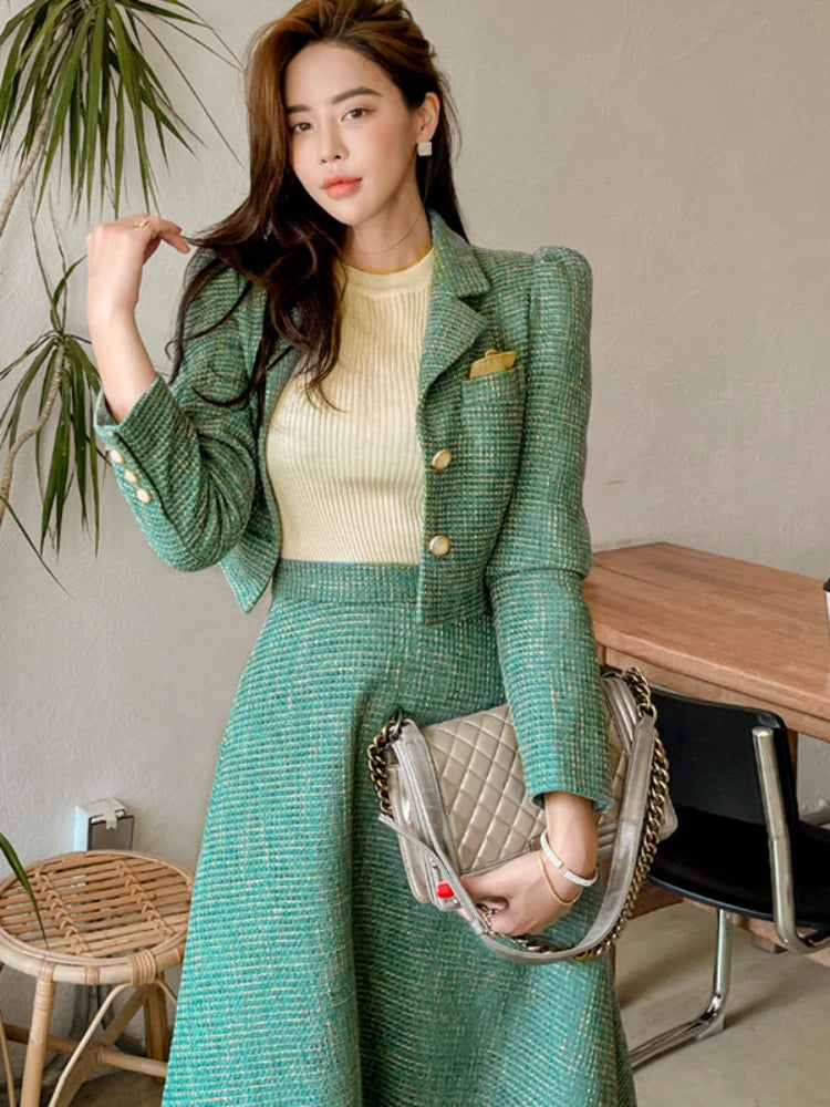 Women’s 2-Piece Korean Chic French Temperament Suit – V-neck Pearl Button Puff Sleeve Jacket with High Waist Swing Skirt for a Timeless Autumn Look - Premium skirt from Lizard Vigilante - Just $88.88! Shop now at Lizard Vigilante