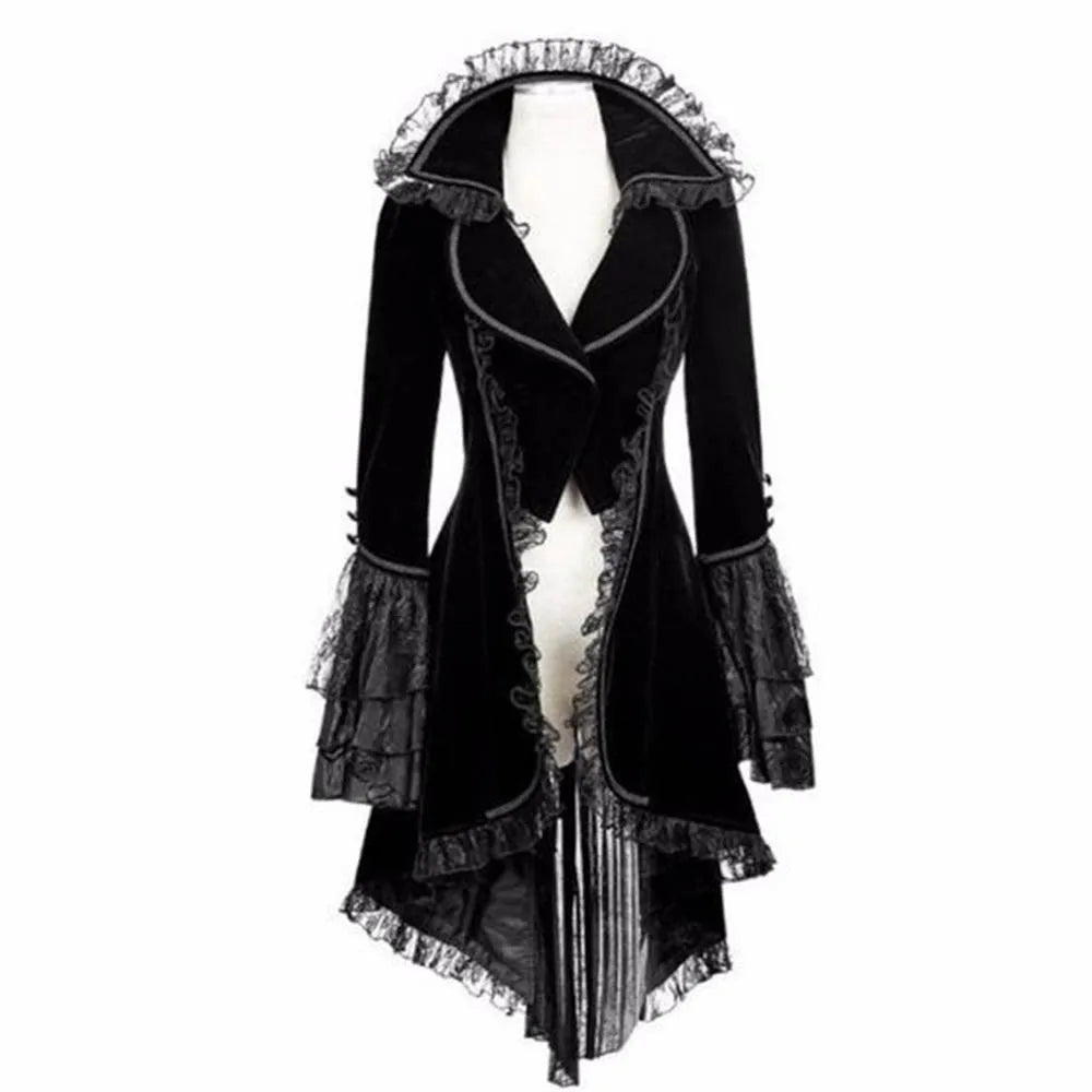 Women Lace Trim Lace-up High Low Coat Black Steampunk Victorian Style Gothic Jacket Medieval Noble Court Dress Plus Size S-5XL - Premium  from Lizard Vigilante - Just $18.99! Shop now at Lizard Vigilante