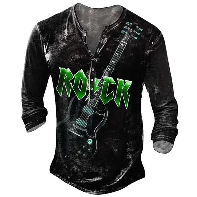 Vintage Men's T-Shirt Imitation Cotton Tee Rock Music Graphic Tees 3d Printed Long Sleeve Henley Shirt Oversized Men Clothing - Premium t-shirt from Lizard Vigilante - Just $24.99! Shop now at Lizard Vigilante