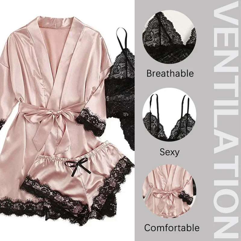 4 Pieces Woman Sleepwear Pajamas Ser With Robe Sexy Lace Lingerie Bathrobe Silk Satin Home Clothed Nightwear Robe - Lizard Vigilante