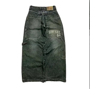 2023 New American Harajuku retro skull print straight high waist Y2K women's washed grey jeans Streetwear Gothic wide trousers