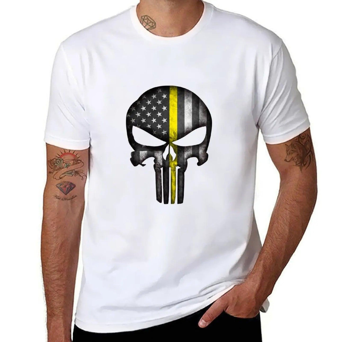 Thin Yellow Line Skull T-Shirt Summer Top Aesthetic Clothing Mens Graphic T-Shirts Pack - Lizard Vigilante