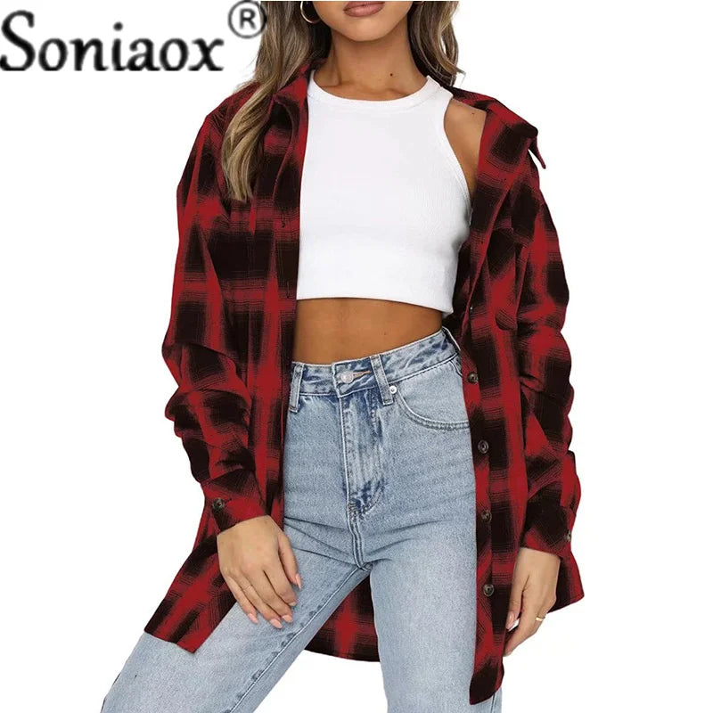 Women’s Flannel Plaid Shirt – Loose Fit Button-Up Casual Long Sleeve Blouse - Premium shirt from Lizard Vigilante - Just $42.88! Shop now at Lizard Vigilante