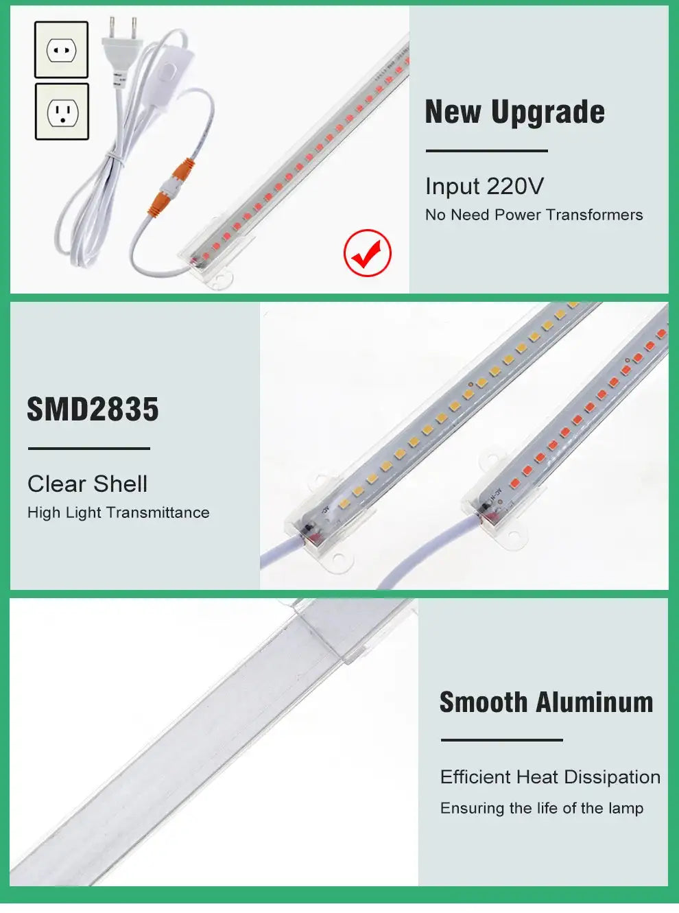 Grow Light 220V Full Spectrum LED Bar Light for Plants 50cm Phyto Lamp for Plant Veg Flowers Greenhouse Tent 4000K 380-780nm