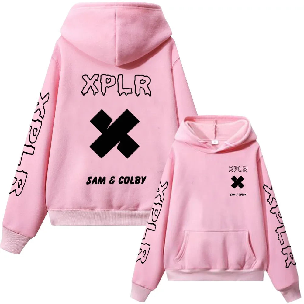 XPLR Hoodie – Sam and Colby Chainlink Merch with Heart-Shaped Print - Premium hoodie from Lizard Vigilante - Just $43.88! Shop now at Lizard Vigilante