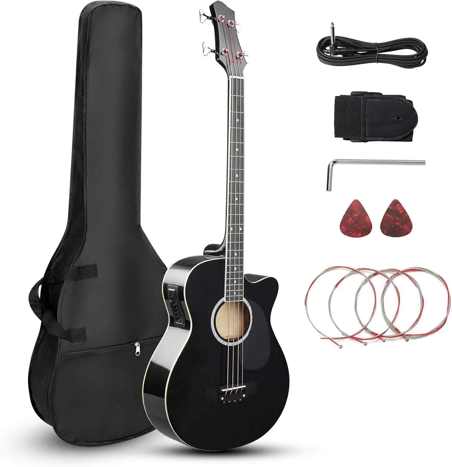 4 String Acoustic Bass Guitar, Full Size Bass Guitar Kit with Portable Guitar Bag, Premium Cable,Wrench, Strap, Plectrum (Black) - Premium  from Lizard Vigilante - Just $162.99! Shop now at Lizard Vigilante