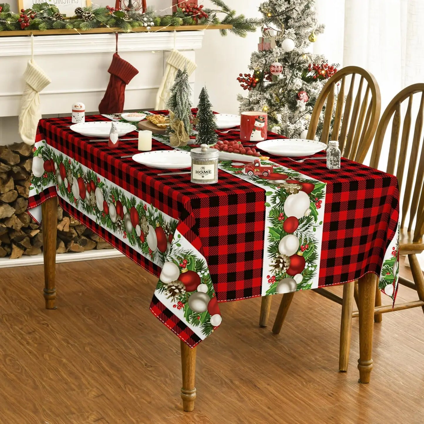 Christmas Ball Ornaments Red Bufalo Plaid Rectangle Tablecloth Dining Room Decor Reusable Table Cover Xmas Party Decorations