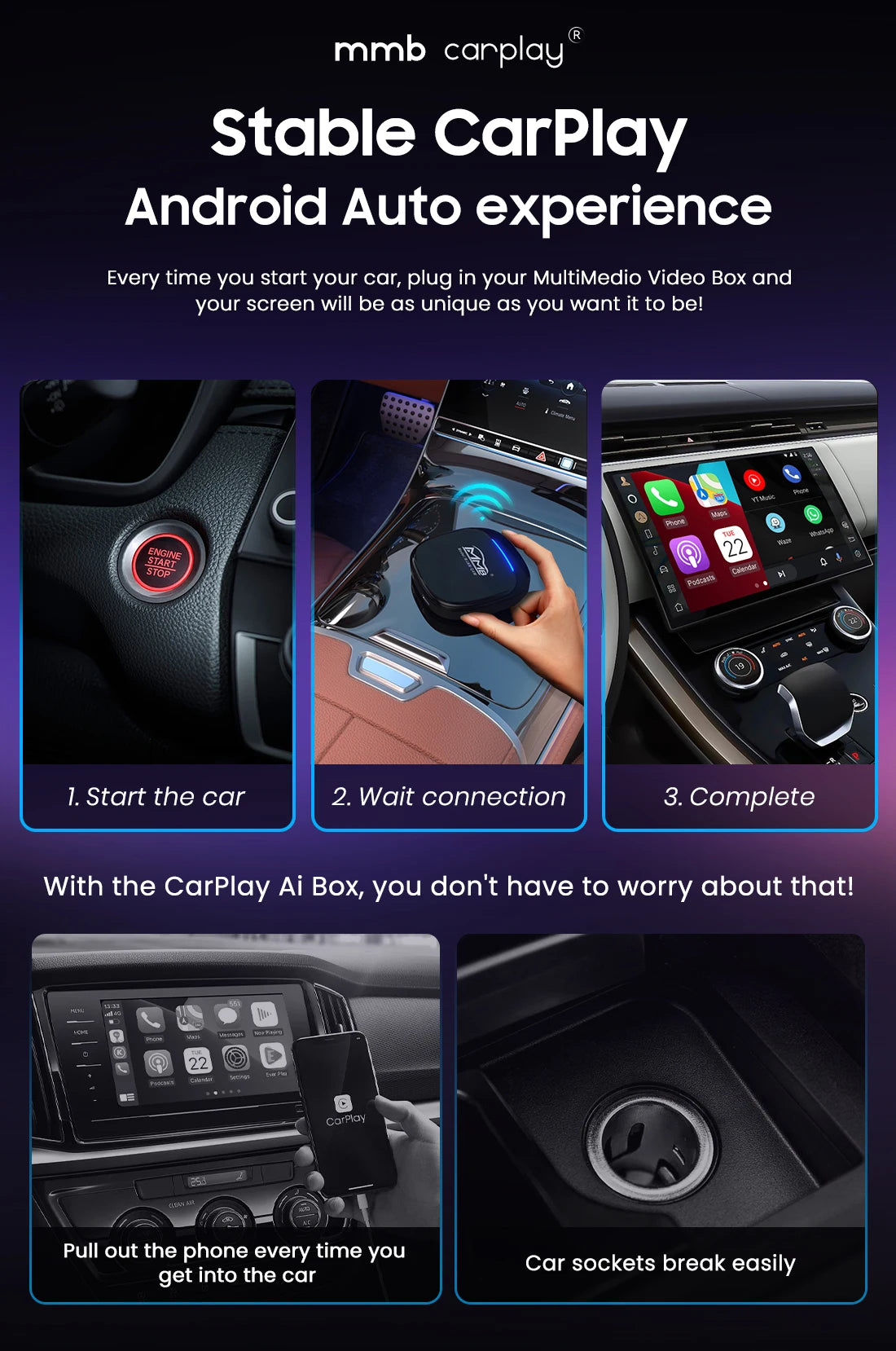 MMB MAX 5.0 “Road Riot AI Box” — Android 13, 8-Core QCM6225, Wireless CarPlay & Android Auto, Split-Screen GPS, 8GB+128GB, Netflix/YouTube