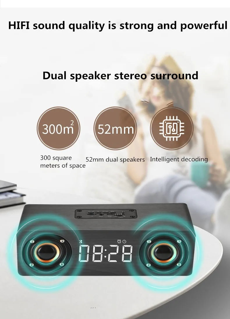 Wooden Bluetooth Speaker Portable Wireless Subwoofer Clock Soundbox Home Computer Echo Wall Soundbar HiFi Stereo TF AUX U Disk