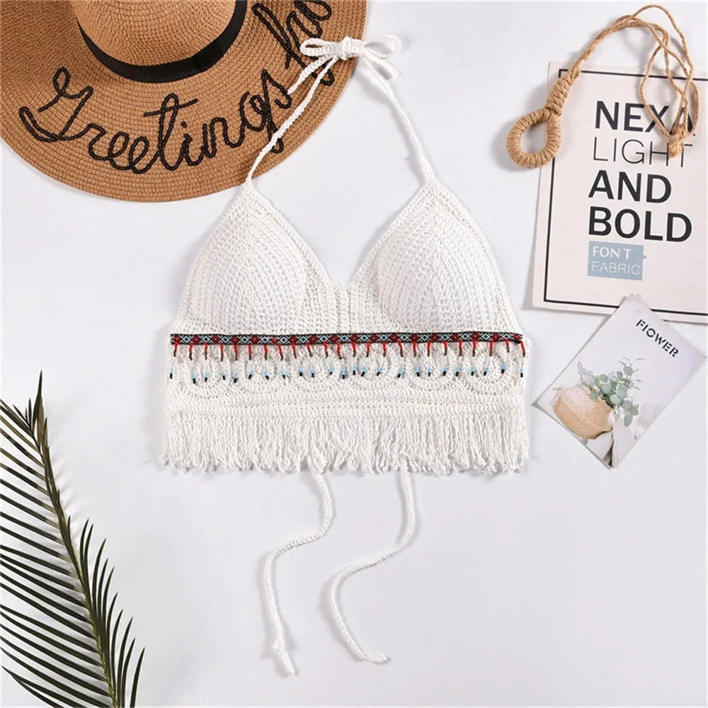 2024 Crop Tops Retro Wild Hollow Perspective Tassel Sexy Spaghetti Strap Tanke Top Women Built In Bra New Back Lace Halter Neck - Premium crop top from Lizard Vigilante - Just $6.99! Shop now at Lizard Vigilante