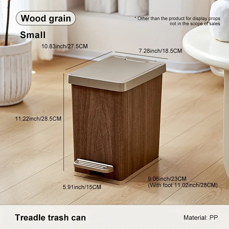 Large Capacity Trash Can，Elegant Wood Grain Design。Durable Plastic，Mute off，Save Space。Suitable for Kitchen、Bathroom、Office、Bedr
