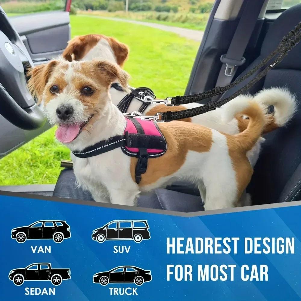 Double Dog Safety Belt: Adjustable Car Headrest Restraint & Splitter Harness for 2 Dogs - Elastic Travel Seatbelt - Premium dog sseat belt from Lizard Vigilante - Just $18.69! Shop now at Lizard Vigilante