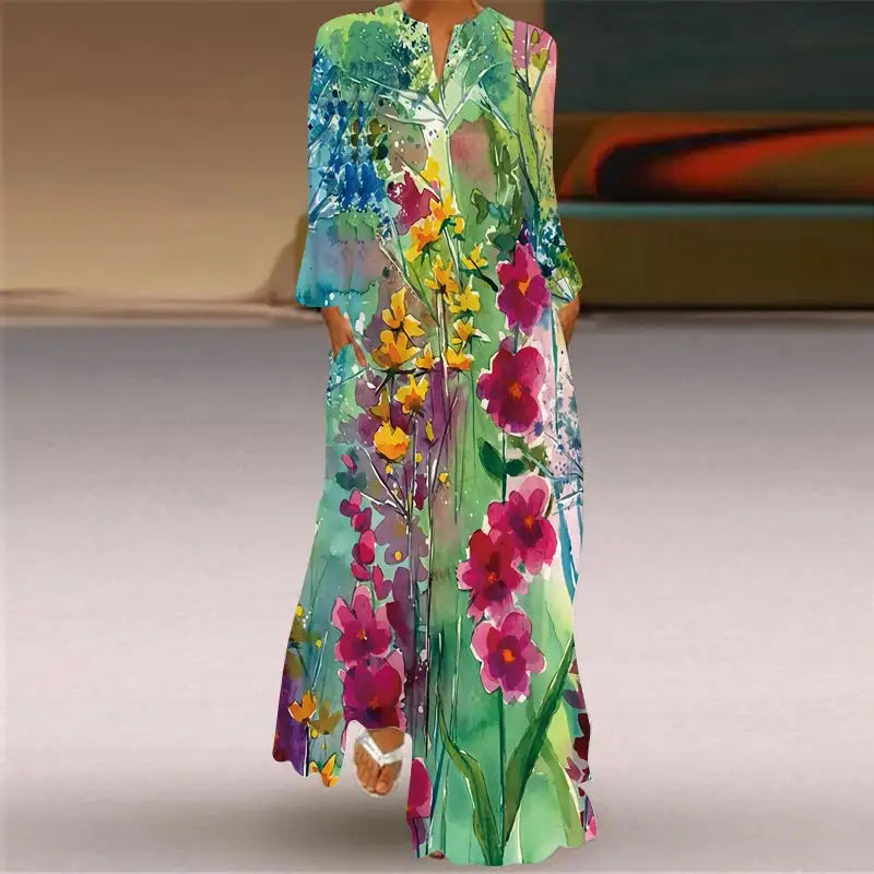 Women Autumn Winter Long Dress Elegant Party Casual V Neck Long Sleeve Vestids Style Loose Stripe Printing Vintage Maxi Dresses