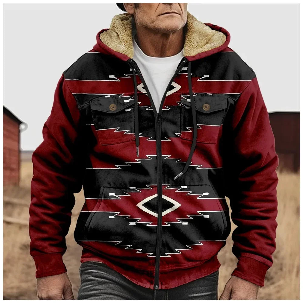 Retro Aztec Geometric Winter Jacket – Men's Plush Thick Streetwear Hunting Coat with Art Graphics & Fleece Lining - Premium jacket from Lizard Vigilante - Just $56.66! Shop now at Lizard Vigilante