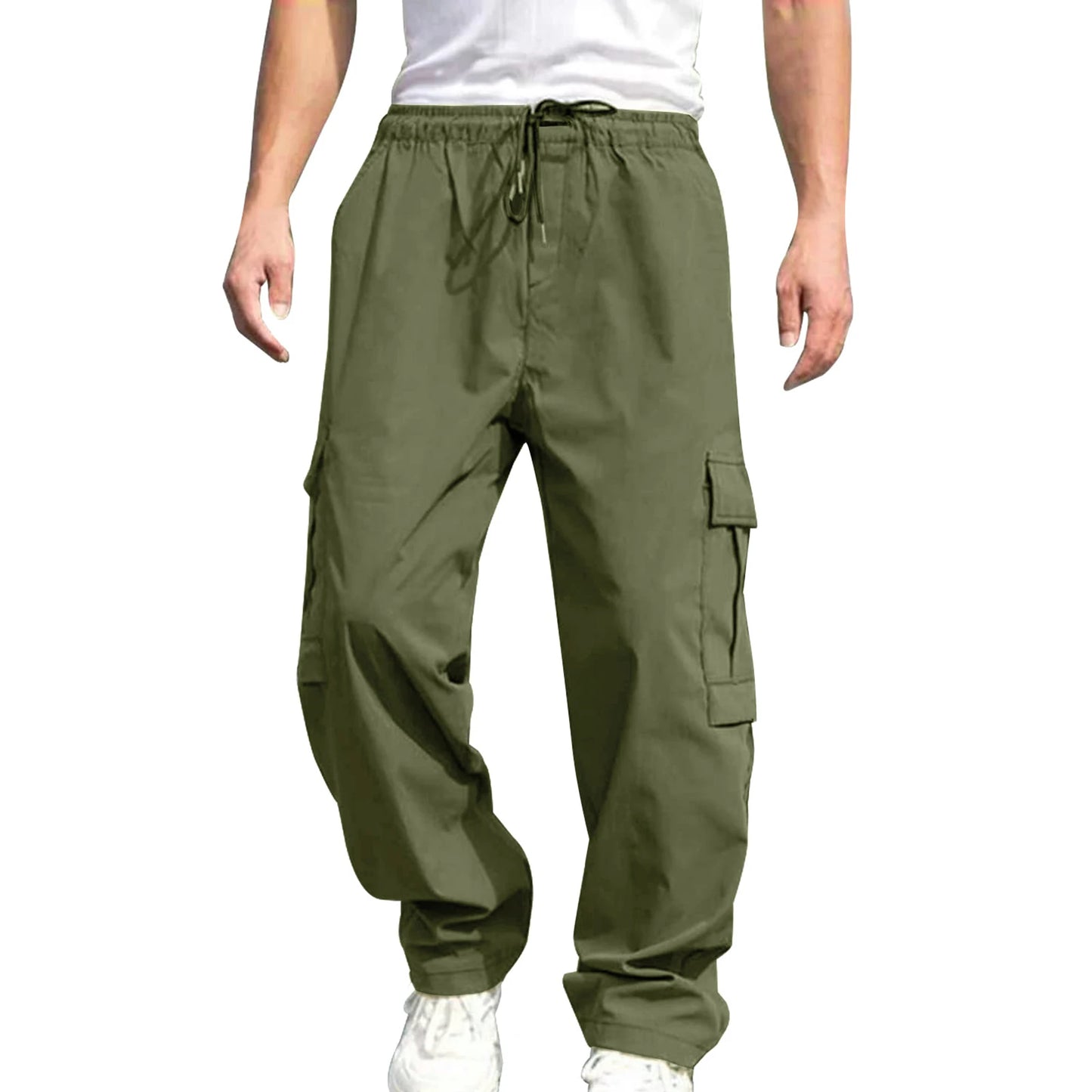 Men’s Loose Cargo Pants – Solid Color Drawstring Waist, Straight Leg Casual Work Trousers with Pockets - Premium cargo pants from Lizard Vigilante - Just $27.99! Shop now at Lizard Vigilante