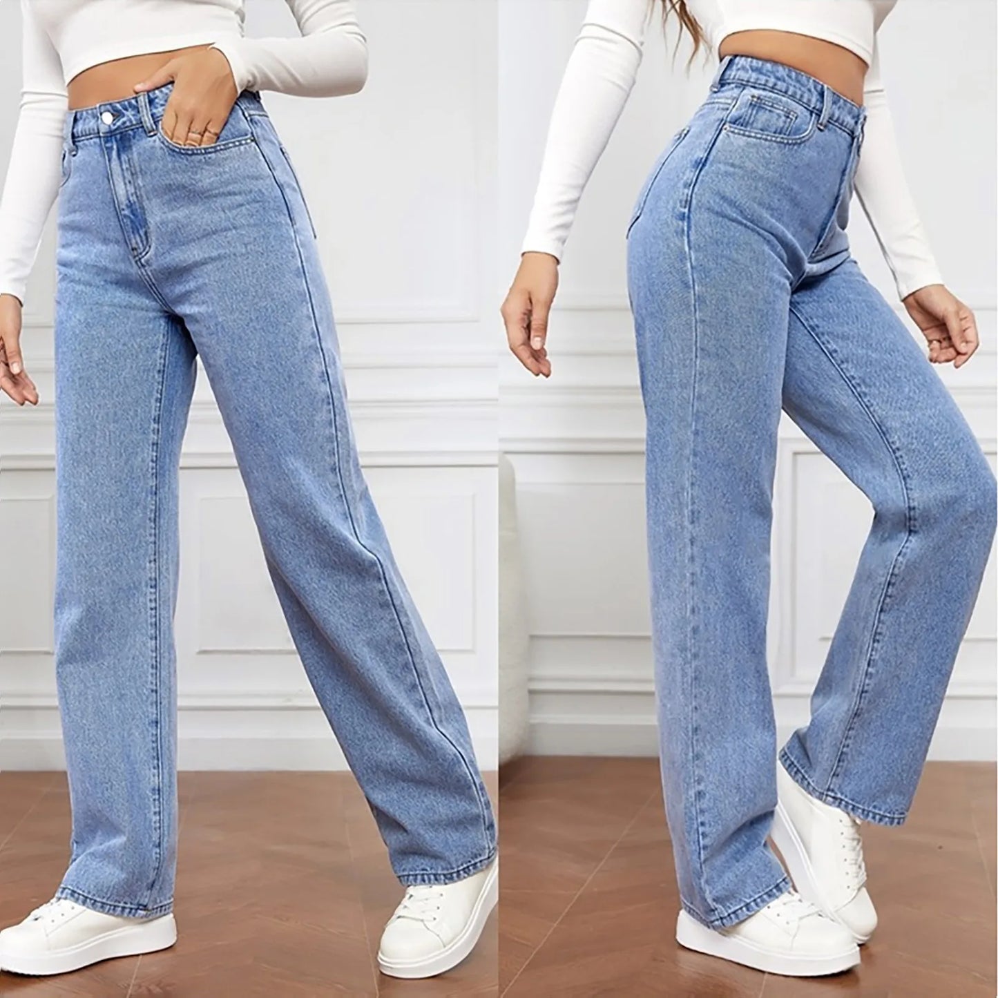 Women Fashion Straight Leg Jeans Loose Button Pocket Washed Denim Pants High Waist Stretchy Denim Trousers 2024 Female Clothes - Premium  from Lizard Vigilante - Just $30.99! Shop now at Lizard Vigilante