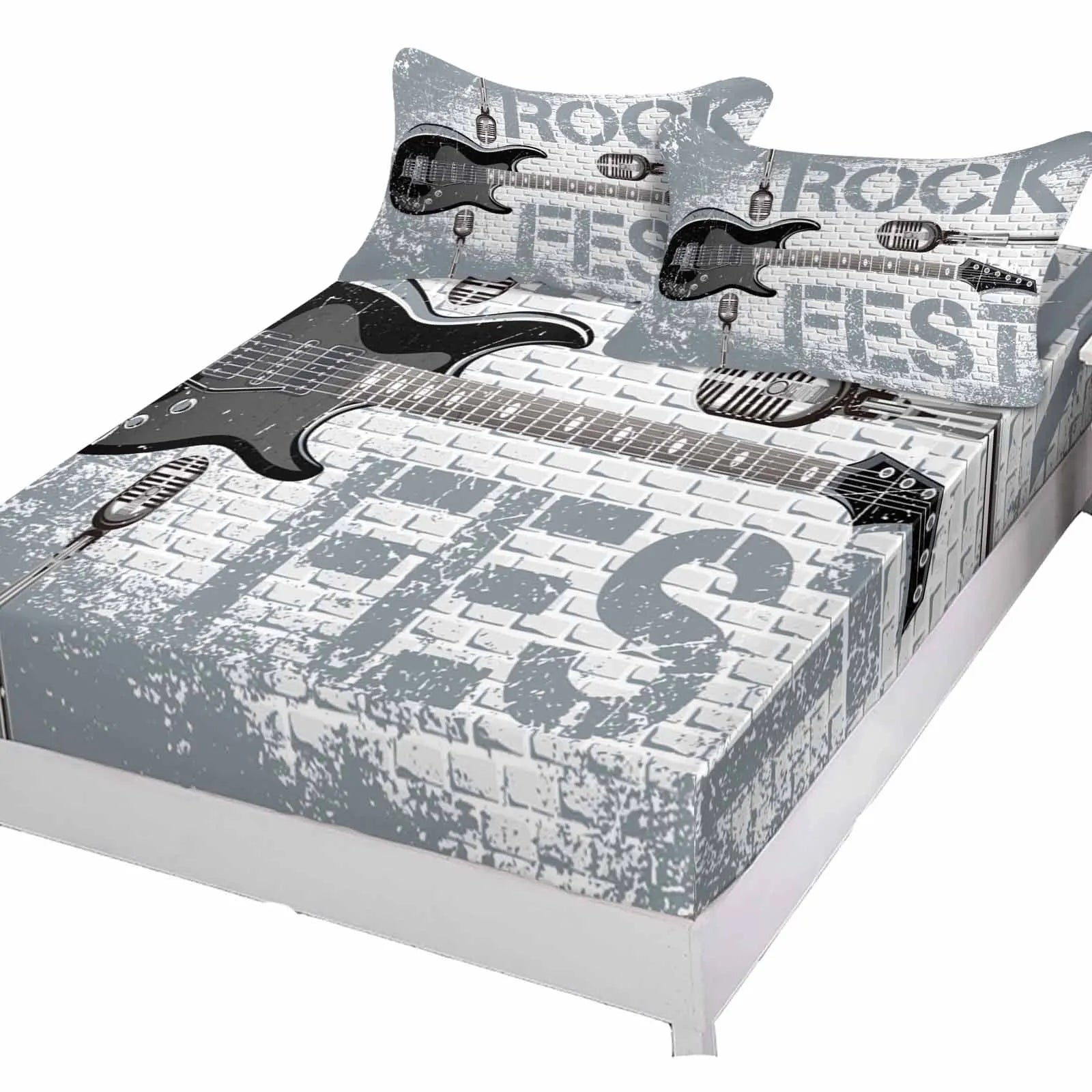 Rock Stone Music Black Guitar Symbol Queen Size Bed Mattress Fitted Sheet Set with Pillowcases - Premium fitted sheet from Lizard Vigilante - Just $73.99! Shop now at Lizard Vigilante