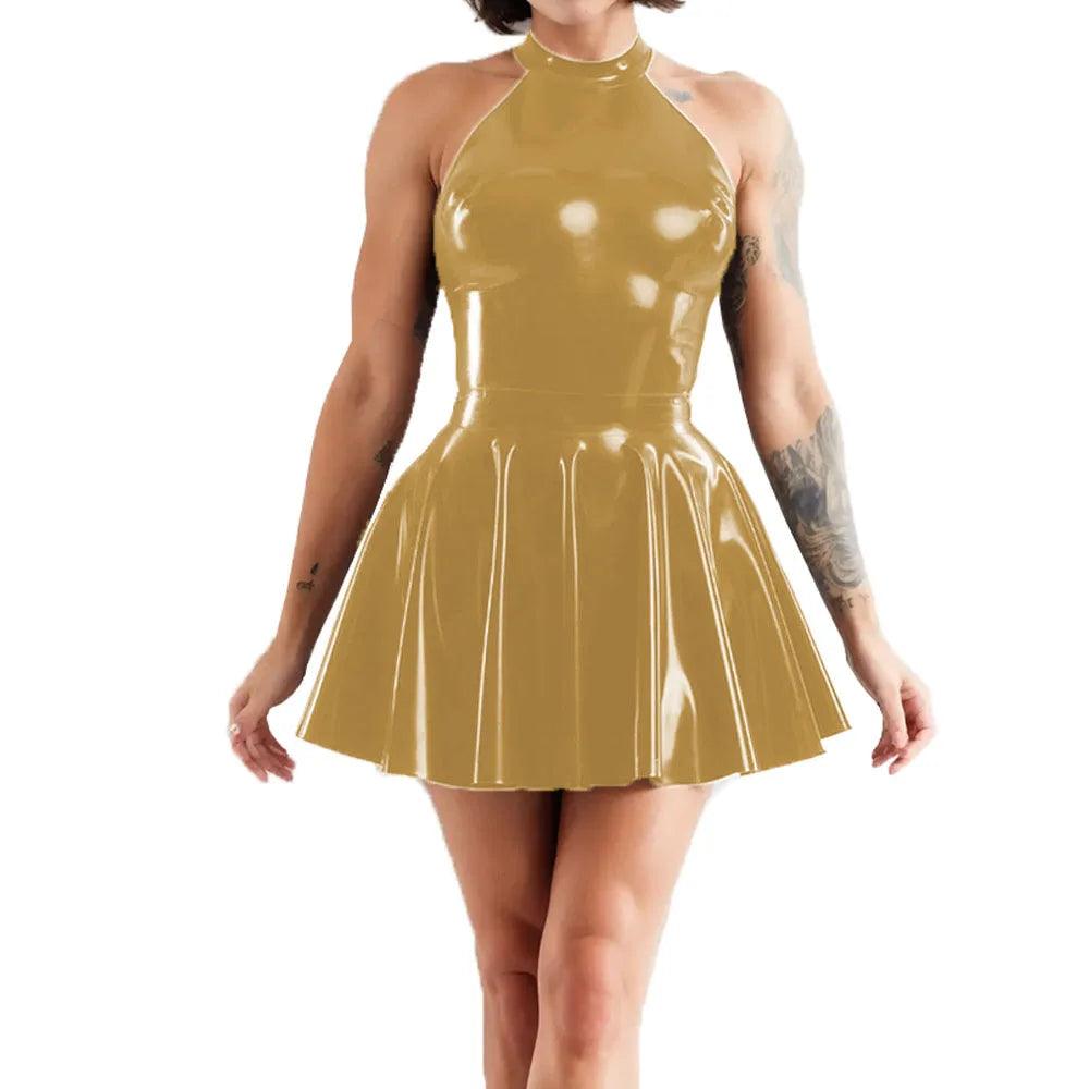 Shiny Sleeveless A-Line Pleated Mini Dress Halter Neck Skater Wet PVC Leather Swing Skirt Dress Latex-look Clubwear - Lizard Vigilante