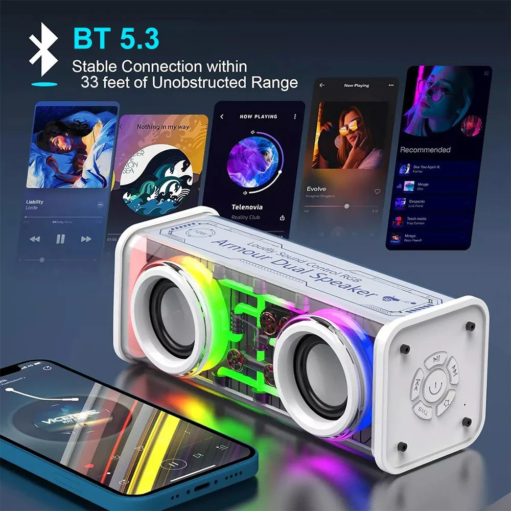 Bluetooth 5.0 Dual Speakers Wireless RGB1800mAh Transparent Mecha Speakers  Light Effect Loudspeaker Bass Subwoofer Mini Speaker