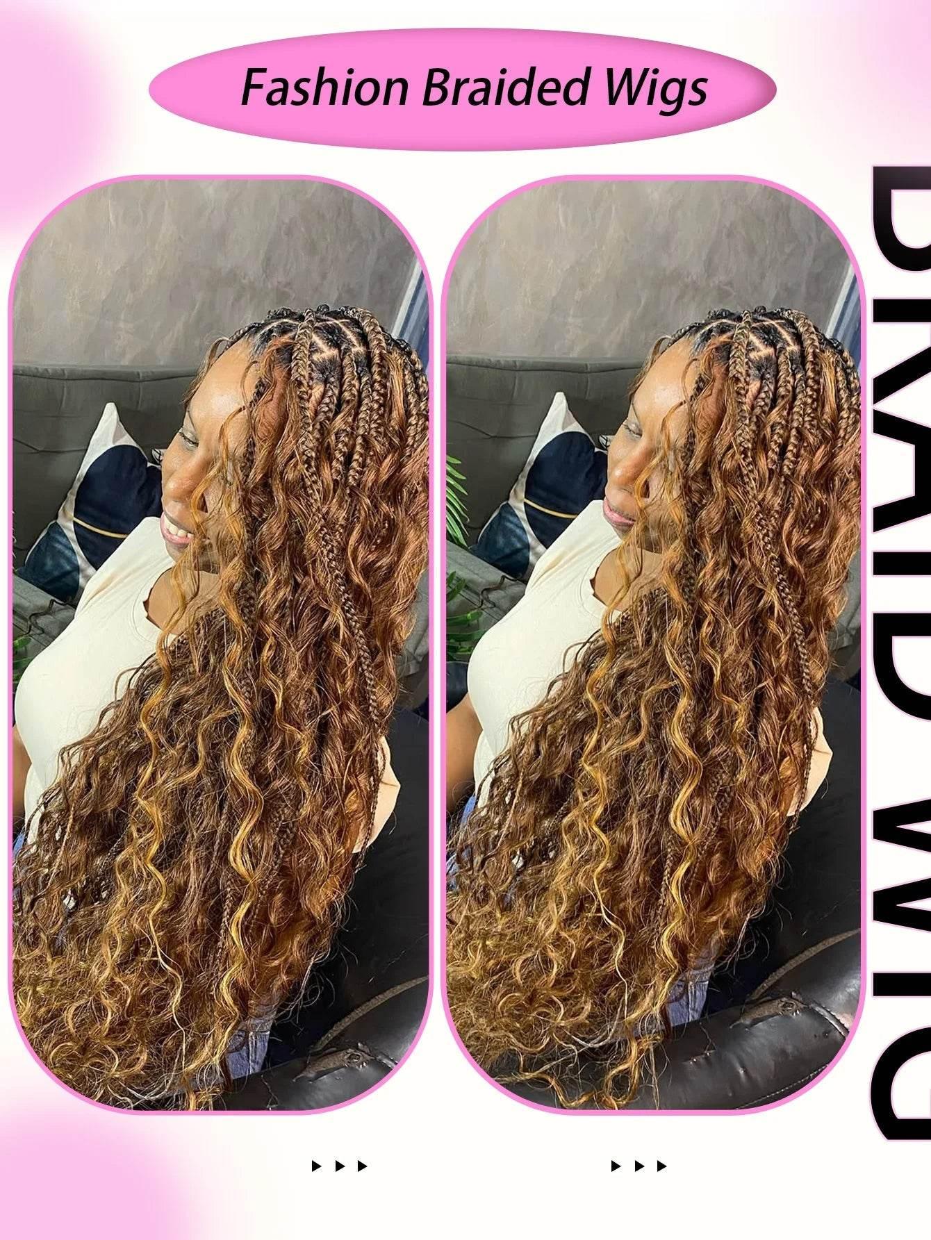 Boho Knotless Braided Wigs Synthetic Full Lace Braids With Curly Hair Ends Goddess Ombre Blonde Box Braided Wigs With Baby Hair