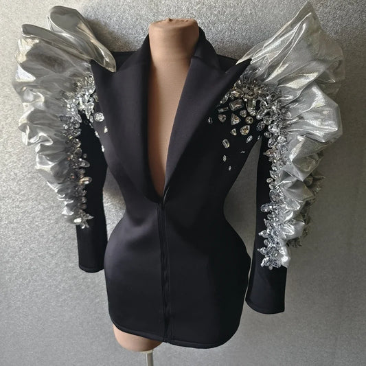 Sexy Singer Black Jacket Sparkly Sequins Rhinestones Big Sleeves Dancer Nightclub Jazz Dance Costume Performance Show Stage Wear - Premium  from Lizard Vigilante - Just $94.99! Shop now at Lizard Vigilante