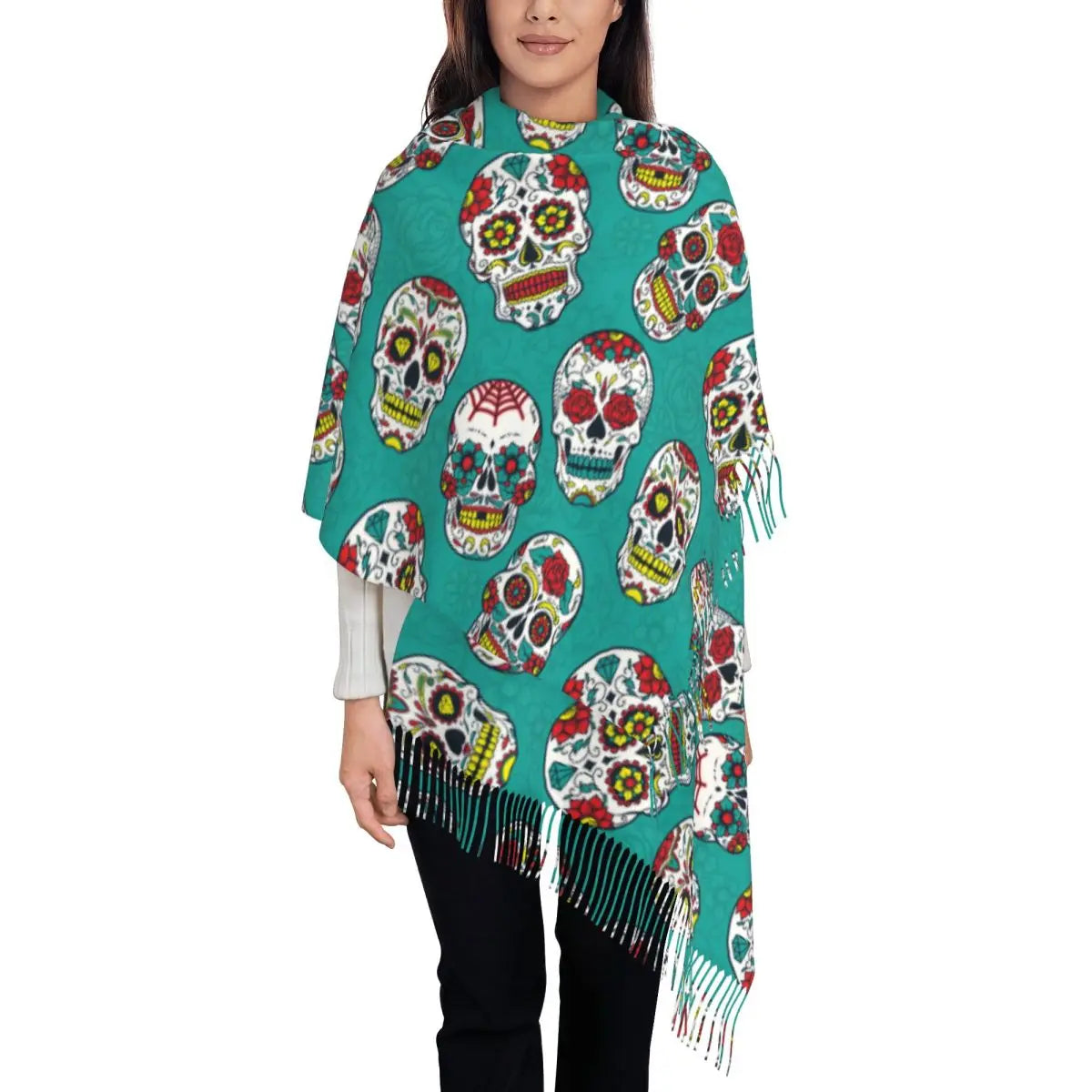 Day of the Dead Sugar Skull Colorful Flower Scarf – Warm Pashmina Shawl, Wrap for Women - Premium scarf from Lizard Vigilante - Just $23.66! Shop now at Lizard Vigilante