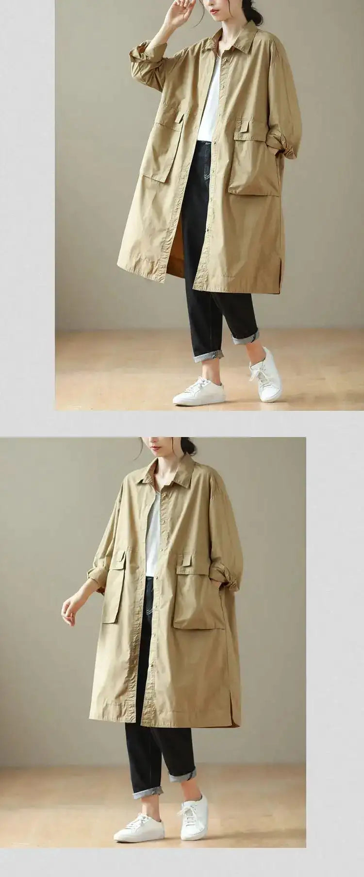 9290 Spring Fall Trench Coat Women Mid Length Windbreaker Single-breasted Double Pockets Casual Loose Overcoat Female Outerwear