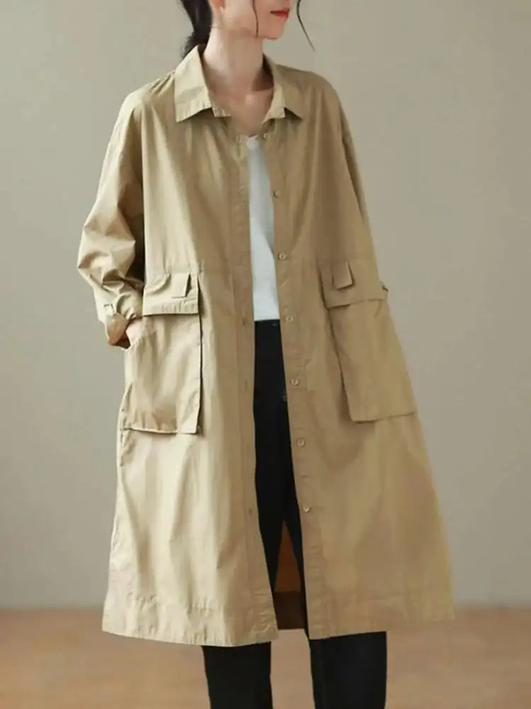 9290 Spring Fall Trench Coat Women Mid Length Windbreaker Single-breasted Double Pockets Casual Loose Overcoat Female Outerwear