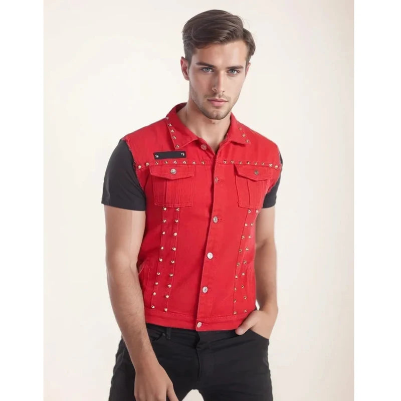 DIMUSI Autumn Mens Vest Vintage Denim Jeans Vest Male Red Revit Sleeveless Jackets Men Retor Hole Jeans Waistcoats Clothing 5XL - Lizard Vigilante