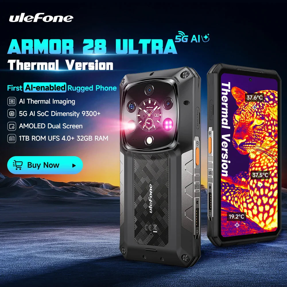 Ulefone Armor 28 Ultra 5G AI Thermal Imaging Rugged Phone Dimensity 9300+ 1TB ROM 32GB RAM Android Smartphone AMOLED Mobile