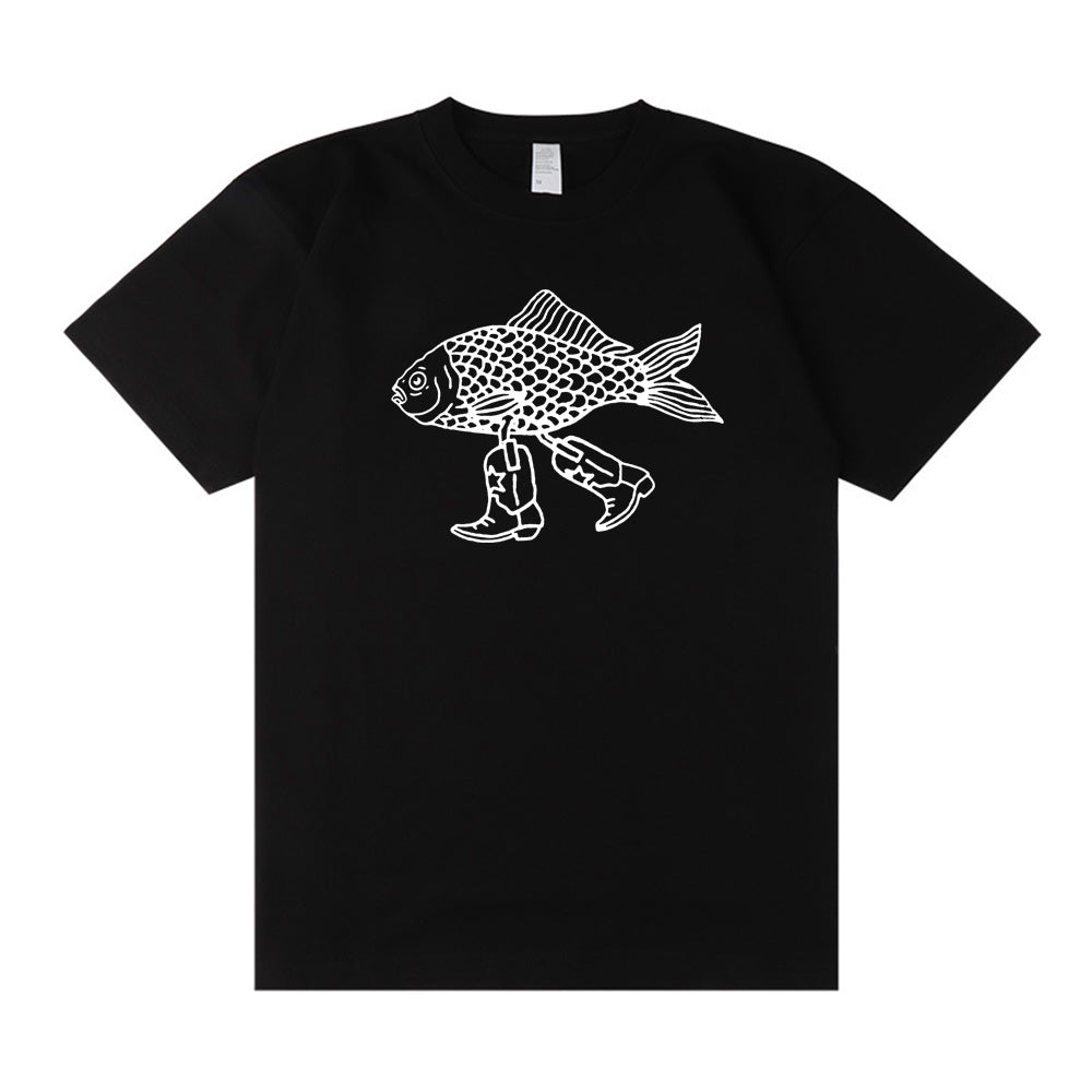 Walking Fish Printing Graphic Funny Tees Women Short Sleeve Loose Cotton Casual T Shirts White Summer Fashion Aesthetic Shirts - Premium  from Lizard Vigilante - Just $43.99! Shop now at Lizard Vigilante
