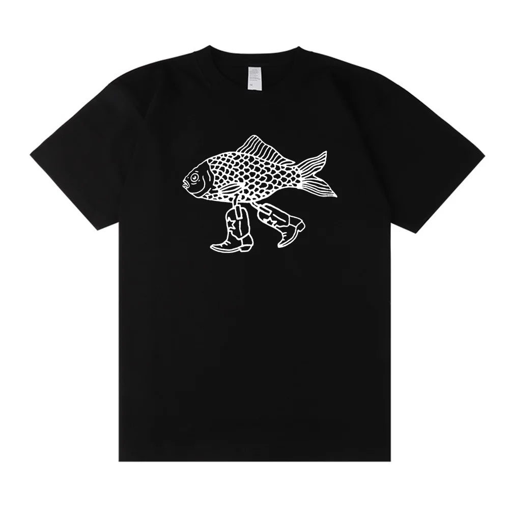 Walking Fish Printing Graphic Funny Tees Women Short Sleeve Loose Cotton Casual T Shirts White Summer Fashion Aesthetic Shirts - Premium  from Lizard Vigilante - Just $43.99! Shop now at Lizard Vigilante