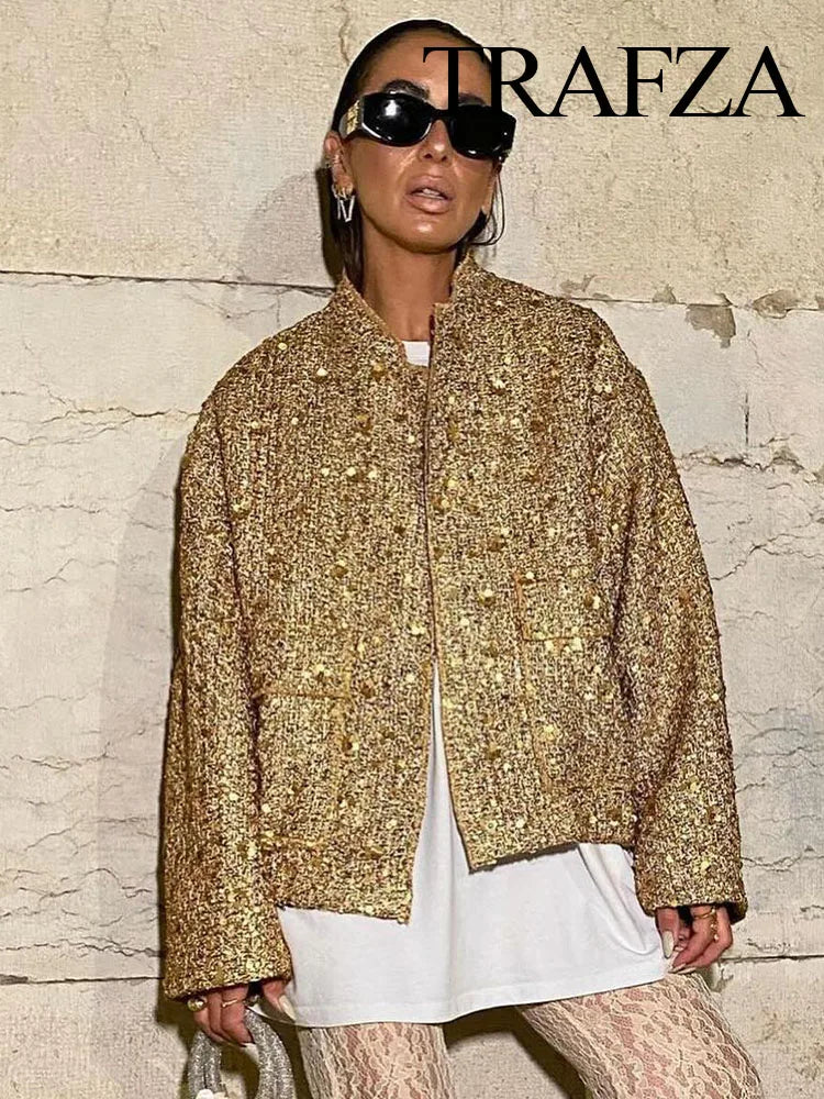 TRAFZA Women’s Fashion Shiny Sequin Jacket – Y2K Gold Color Stand Collar Coat - Premium jacket from Lizard Vigilante - Just $60.99! Shop now at Lizard Vigilante