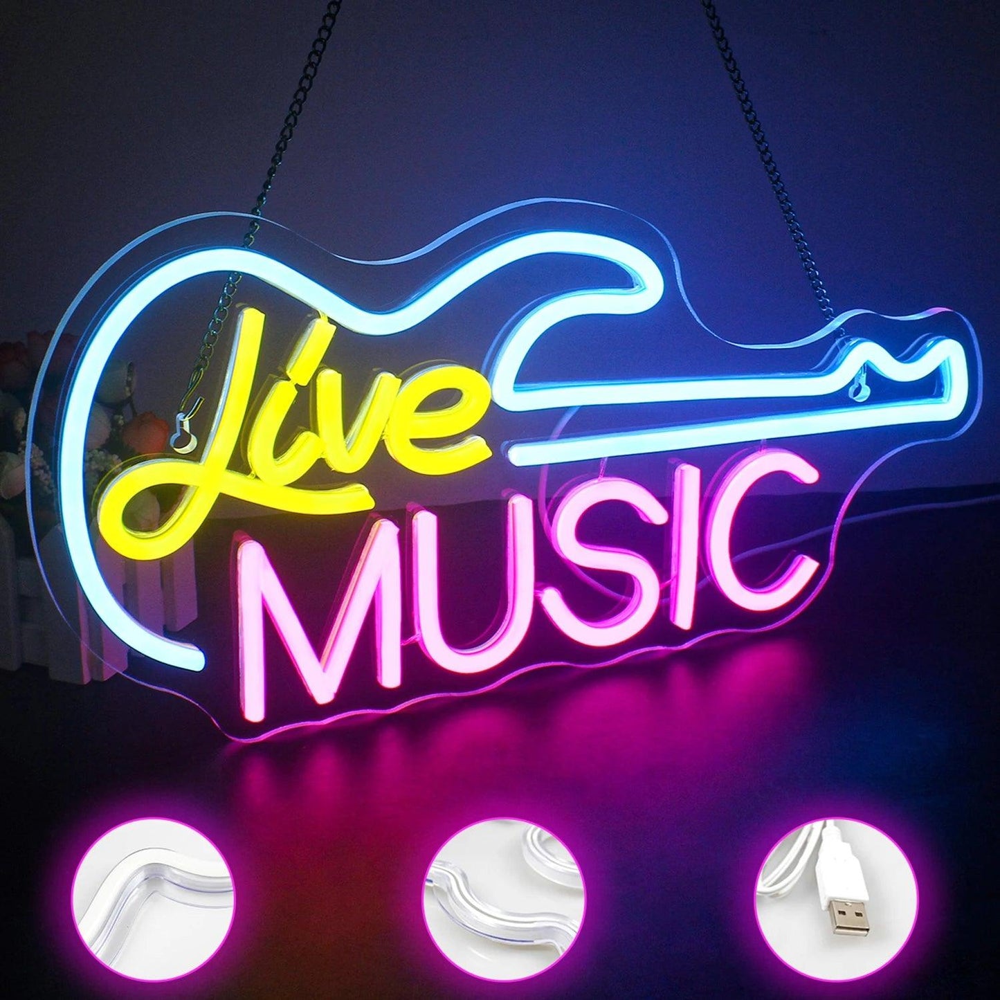 Guitar Live Music Neon Signs Guitar Led Light up Sign with USB for Music Wall Decor Live Music Bedroom Party Bar Music Club - Lizard Vigilante