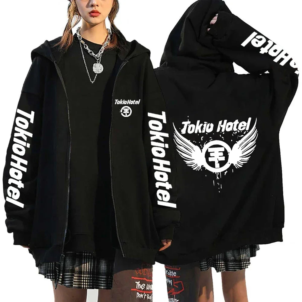 Tokio Hotel Hoodie – Unisex Harajuku Zip Up Jacket, Oversized Streetwear Sweatshirt, Fashionable Long Sleeve Zipper Hoodie for Men & Women - Premium T-shirt from Lizard Vigilante - Just $18.99! Shop now at Lizard Vigilante