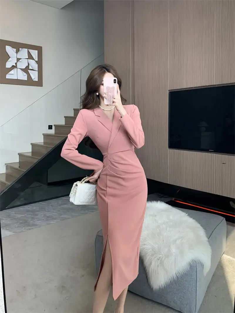 Women Pink Pleated Bodycon Formal Long Dress Autumn Winter Long Sleeve Chic Suit Dress 2025 Korean Fashion Elegant Party Dresses