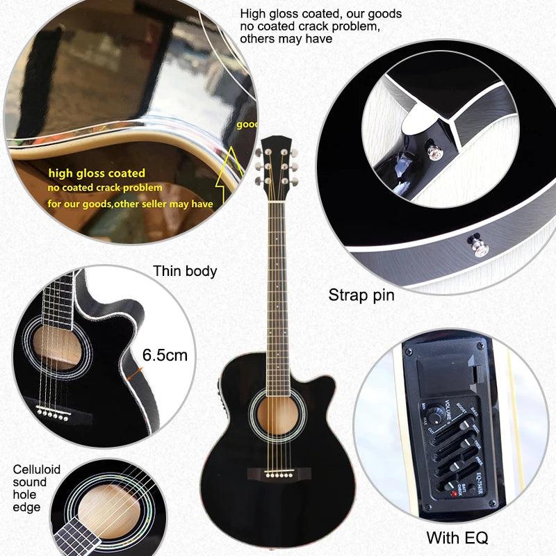 Thin Body Acoustic Electric Guitar Beginner Guitar with Free Gig Bag Free String Black Natural Sunburst White Color - Lizard Vigilante