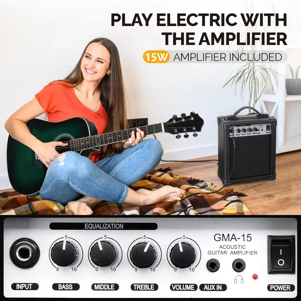 Full Size 6 Strings Acoustic Electric Guitar Beginner Kit w/ 15W Amp,w/Inbuilt Tuner, Bag, Strap, Picks, Strings - Premium  from Lizard Vigilante - Just $176.99! Shop now at Lizard Vigilante