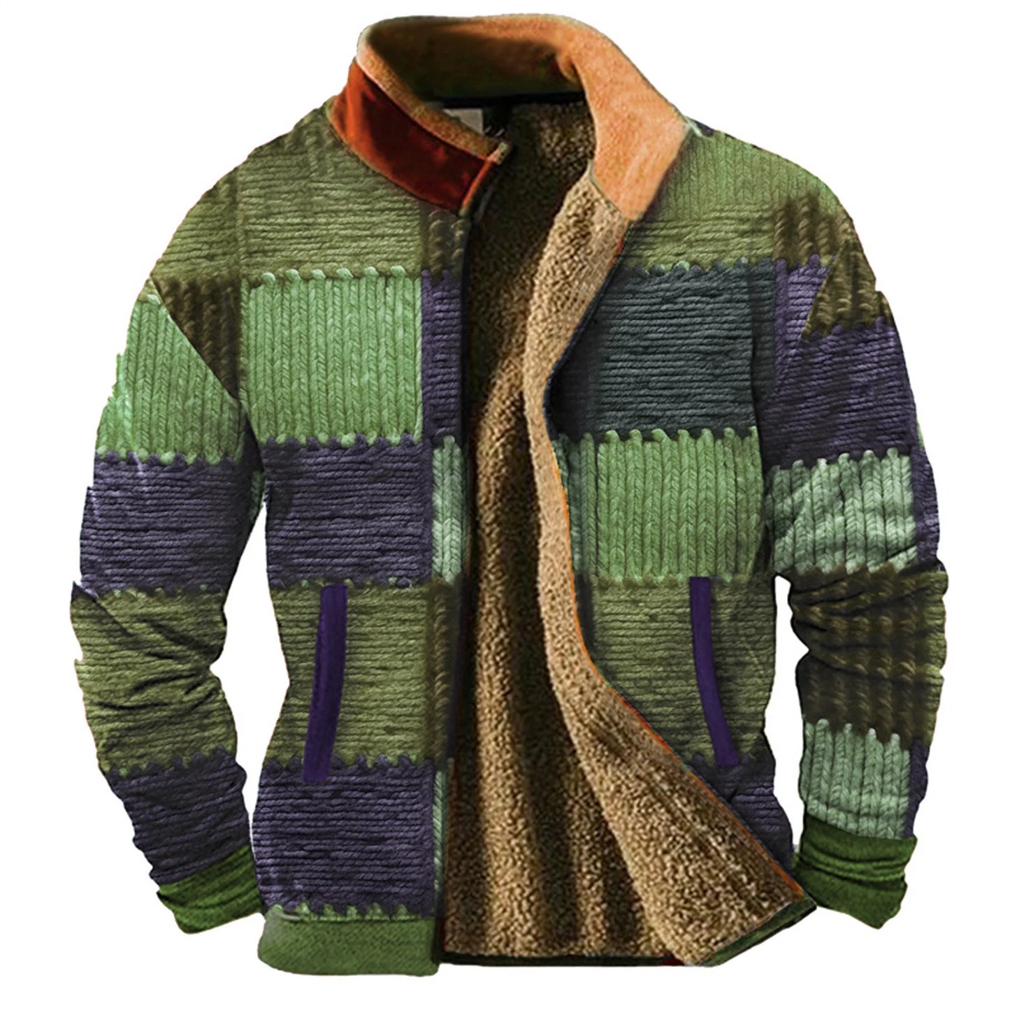 Men’s Graphic Patchwork Fleece Zip Sweatshirt – Casual Brown Stand Collar Outerwear for Winter Vacations - Premium sweater from Lizard Vigilante - Just $48.88! Shop now at Lizard Vigilante