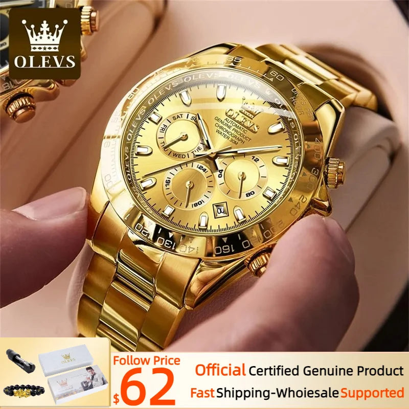 OLEVS Original Gold Watch for Men Automatic Mechanical Multifunctional Three Small Dials Luxury Brand Men's Wristwatch Upgraded - Premium  from Lizard Vigilante - Just $139.99! Shop now at Lizard Vigilante