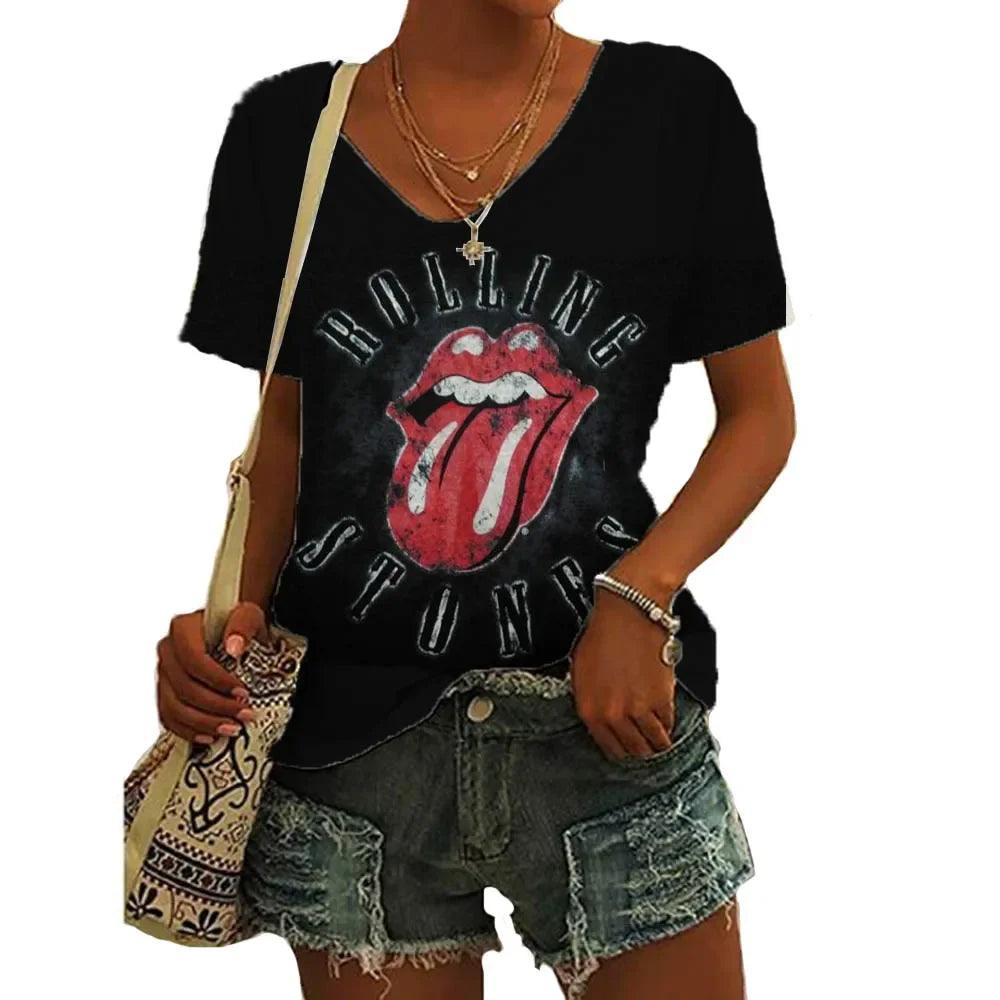 Rolling Stones Women's T Shirts 3d Lip Print Fashion Casual Short Sleeve V-neck Tops Tee Summer Harajuku Female Clothing - Lizard Vigilante