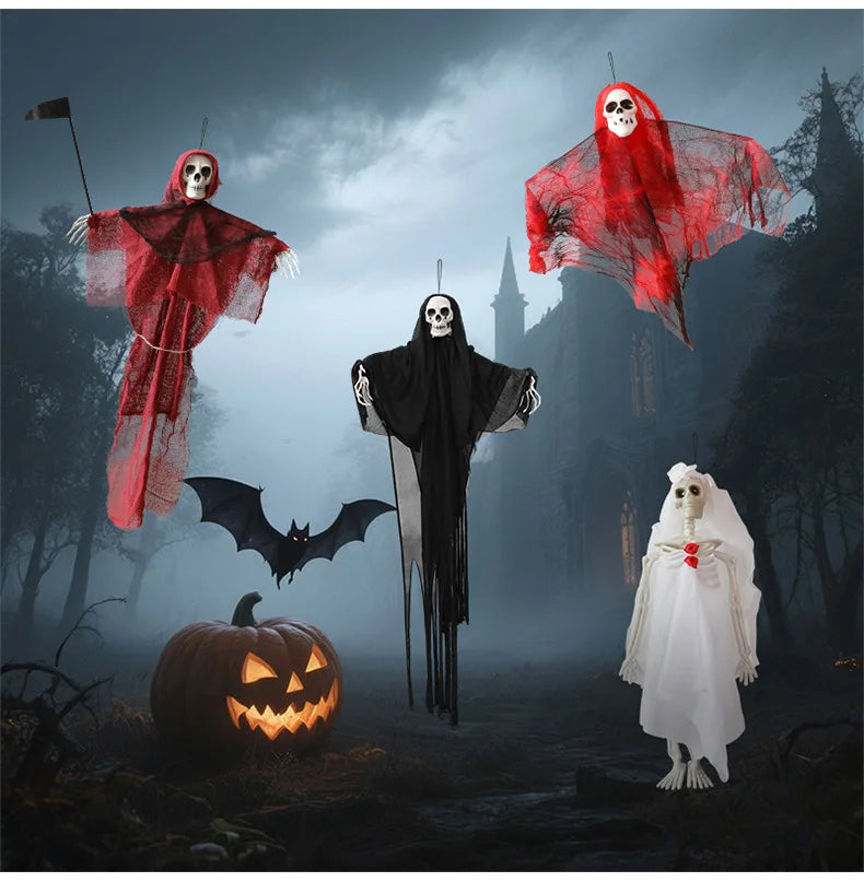 Halloween Gauze Skull Decor - Horror Grim Reaper, Headless Ghost & Red-Haired Ghost Ornaments for Haunted House Decoration