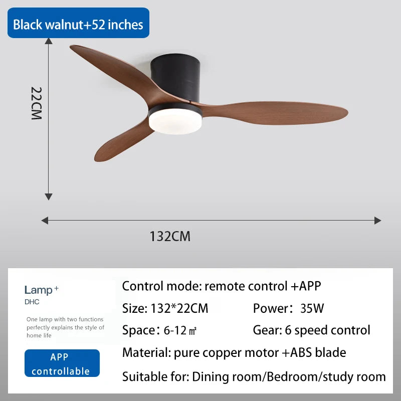 RogueWind HJ-027 Blackout Breeze Engine | 25/42/52-Inch 3-Blade Modern Ceiling Fan Light With APP + Remote + Dimming Rage Mode